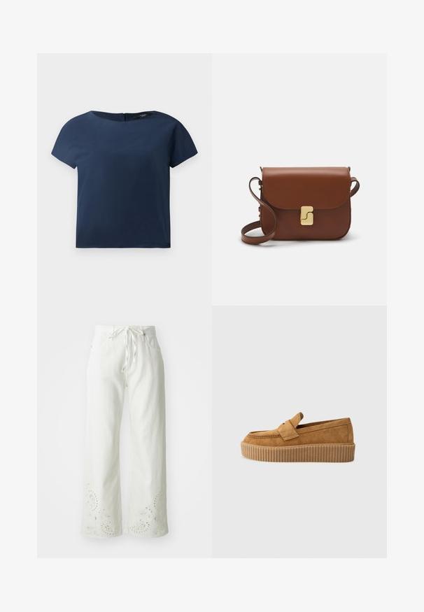 Kratka modra majica s kratkimi rokavi, okrogli izrez, gladek material, sproščen kroj, z diskretnim zapiranjem na hrbtni strani in minimalnimi šivi.; Bele široke hlače iz bombaža, z elastičnim pasom in vezenimi paisley vzorci na robu. Gladka tekstura.; Brajni semiš loafers z okroglo konico, ki imajo rebrast podplat in dekorativni trak čez zgornji del.; Rjava usnjena torbica s poklopcem, zlato obarvani okovi, naramnica in gladka tekstura. Kompaktna pravokotna oblika.