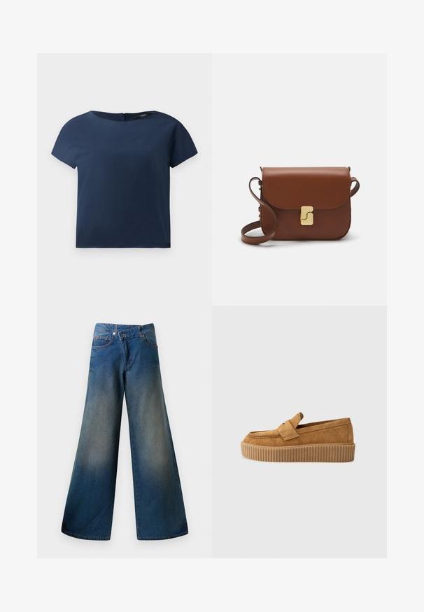Navy blue short-sleeve top, round neckline, smooth fabric, relaxed fit, featuring a subtle back closure with minimal stitching details.; Wide-leg blue jeans made of denim, featuring a slightly faded finish, visible stitching, two front pockets, and a button closure.; Brown suede loafer with a round toe, featuring a ribbed platform sole and a decorative strap across the upper.; Brown leather handbag with a flap closure, gold-tone hardware, a shoulder strap, and a smooth texture. Compact rectangular shape.