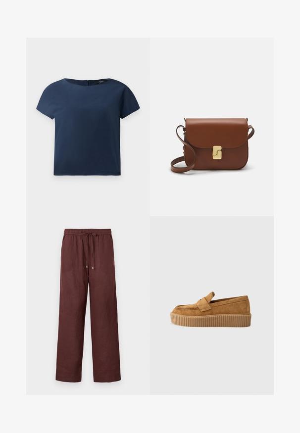 Tamsiai mėlyna trumpomis rankovėmis viršutinė dalis, apvalus iškirpimas, glotni medžiaga, laisvas kirpimas, su subtiliu nugaros uždarymu ir minimaliais siuvimo akcentais.; Burgundiškai raudoni platėjančių kojų kelnių pagaminti iš lengvos medžiagos, turintys elastingą juosmenį su raišteliu ir be matomų kišenių.; Rudos suedinės loafer tipo bateliai su apvaliu pirštu, turintys raukšlėtą platformos padą ir dekoratyvinę juostą per viršutinę dalį.; Ruda odinė rankinė su uždaromu dangteliu, aukso spalvos detalėmis, petneša ir lygiu paviršiumi. Kompaktiška stačiakampio formos.