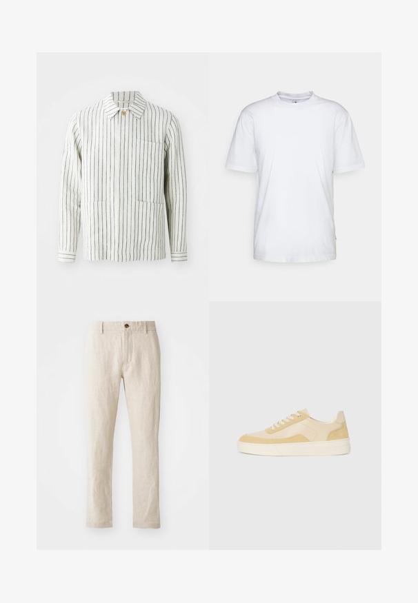 Pruhovaná bunda v krémové a námořnické barvě, vyrobená z lehkého materiálu. Má límec, zapínání na knoflíky a dvě přední kapsy.; Bílá bavlněná tričko s kulatým výstřihem, krátkými rukávy a rovým lemem. Obsahuje malou značku na levém bočním švu.; Bežové lněné kalhoty s úzkým střihem, které mají jedno hnědé knoflíkové zapínání, rovné nohavice a texturovaný povrch.; Tenisky ve světlé žluté nubukové a kožené úpravě, vybavené polstrovanou podrážkou a šitými detaily. Klasický styl na šněrování s kulatou špičkou.