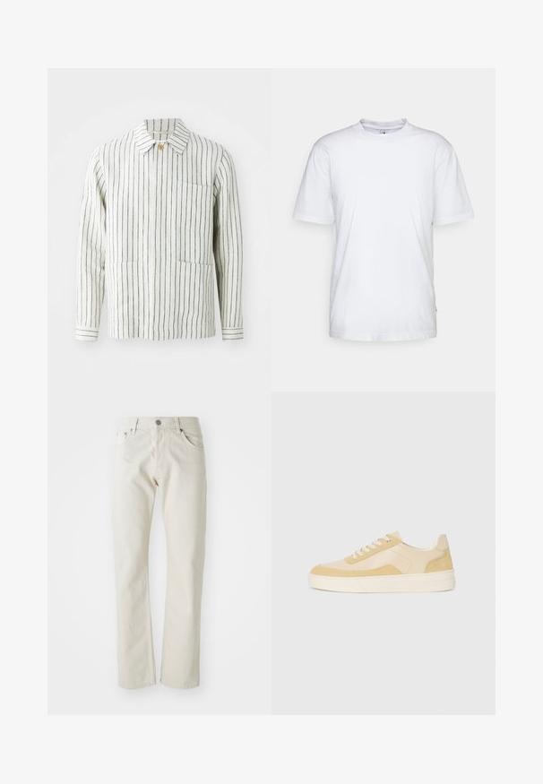 Chaqueta a rayas en crema y navy, hecha de tejido ligero. Presenta un collar, cierre de botones y dos bolsillos frontales.; Camiseta de algodón blanca con cuello redondo, mangas cortas y dobladillo recto. Cuenta con una pequeña etiqueta de la marca en la costura lateral izquierda.; Vaqueros de color beige claro hechos de algodón, con un diseño de pierna recta, estilo de cinco bolsillos y cierre de botón metálico plateado.; Zapatillas de ante y piel en un amarillo claro, con una suela acolchada y acentos cosidos. Diseño clásico de cordones con punta redondeada.