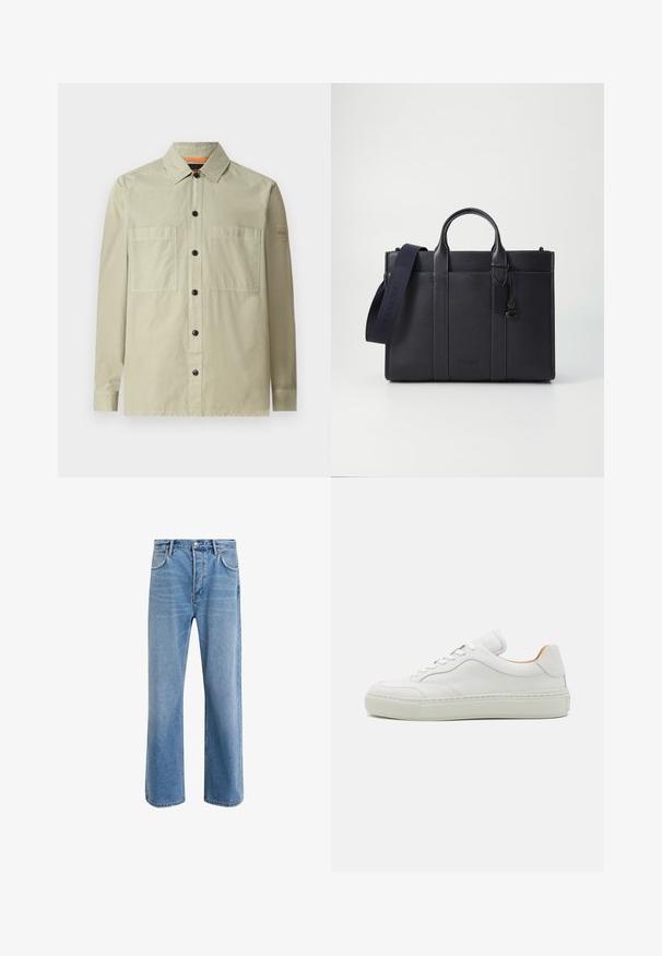 Gaiši zaļš krekls-jaka, izgatavota no gludas auduma; tajā ir divi priekšējie kabatas, melni pogas un neliela logo uzlīme uz piedurknes.; Gai zilas džinsu bikses ar taisnām kājām, piecām kabatām, pogu aizvēršanu, minimālu izbalēšanu un kontrastējošiem šuvju elementiem.; Baltas ādas sporta kurpes ar apaļu purngalu, plakaniem auklām, mīksto mēlīti un tekstūrētu vidusdaļu. Iespējas ietver gludu apdari un minimālistisku dizainu.; Tumši jūras zila ādas portfelis ar divām augšējām rokturiem un noņemamu siksnu. Ar teksturētu apdari, vertikālām šuvēm un logo detaļu.