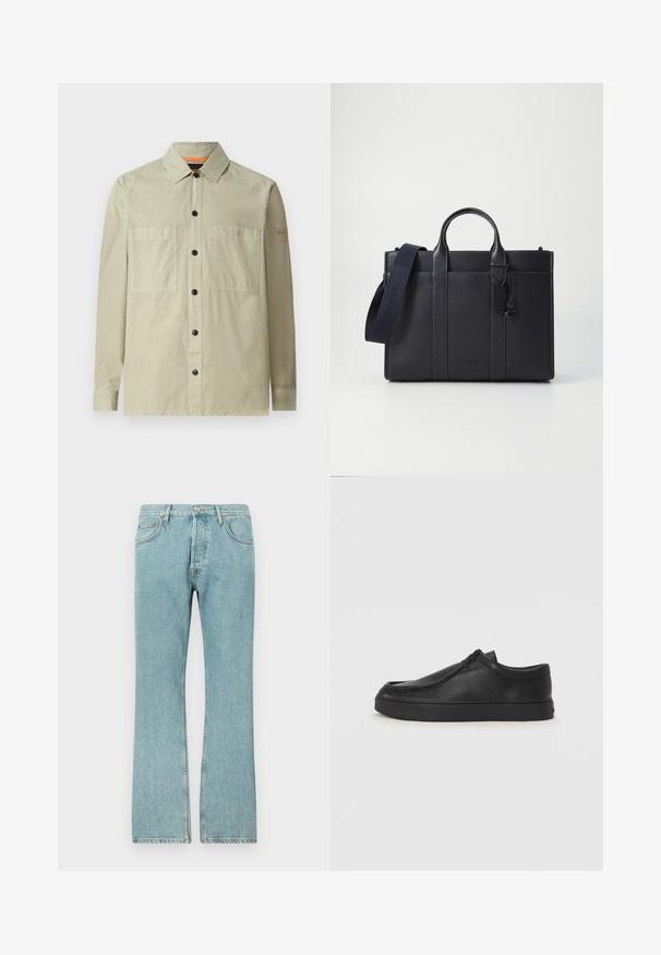 Gaiši zaļš krekls-jaka, izgatavota no gludas auduma; tajā ir divi priekšējie kabatas, melni pogas un neliela logo uzlīme uz piedurknes.; Gai zilgani džinsi ar taisnu kāju dizainu, kas piedāvā piecas kabatas un pogu aizdari. Redzamā šuvēšana un saplēsts apakšmalas dizains.; Melnas ādas slip-on kurpes ar noapaļotu purngalu, šūšanas detaļām un melnu gumijas zoli. Gluda tekstūra ar minimālistisku dizainu.; Tumši jūras zila ādas portfelis ar divām augšējām rokturiem un noņemamu siksnu. Ar teksturētu apdari, vertikālām šuvēm un logo detaļu.