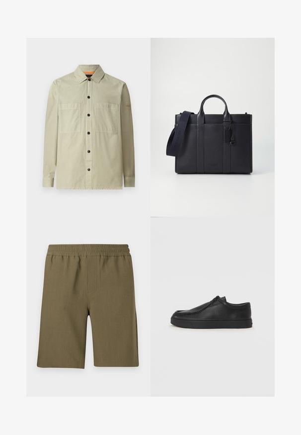 Gaiši zaļš krekls-jaka, izgatavota no gludas auduma; tajā ir divi priekšējie kabatas, melni pogas un neliela logo uzlīme uz piedurknes.; Samsøe Samsøe SMITH - Šorti - four leaf clover; Melnas ādas slip-on kurpes ar noapaļotu purngalu, šūšanas detaļām un melnu gumijas zoli. Gluda tekstūra ar minimālistisku dizainu.; Tumši jūras zila ādas portfelis ar divām augšējām rokturiem un noņemamu siksnu. Ar teksturētu apdari, vertikālām šuvēm un logo detaļu.