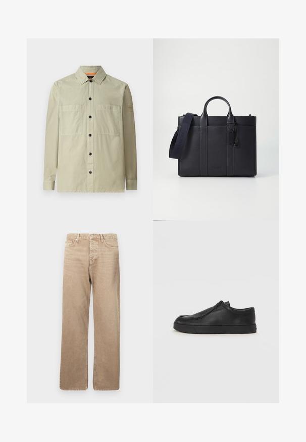 Vihreä, vaaleanvihreä paitatakki, joka on valmistettu sileästä kankaan; siinä on kaksi etutaskua, mustat napit ja pieni logopatchi hihassa.; Beige farkkushortsit suoran istuvuuden omaavina, joissa on viisi taskua, nappikiinnitys ja kontrastiväriset tikkaukset. Sileä pinta ja minimaalinen kulutus.; Musta nahkainen slip-on-kengät pyöristetyllä varvalla, tikattu yksityiskohta ja musta kumipohja. Sileä pinta ja minimalistinen muotoilu.; Tummansininen nahkainen salkku, jossa on kaksinkertaiset yläkahvat ja irrotettava hihna. Varustettu tekstuuripinnalla, pystysuoralla ompeleella ja logotiedoilla.