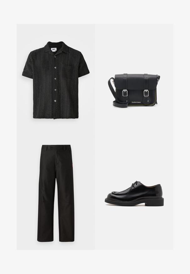 Lyhythihaisen mustan virkatun paidan rento malli, jossa on nappikiinnitys edessä, yksi rinnatasku ja rakenteellinen avoin kuvio.; Mustat leveälahkeiset housut, jotka on valmistettu sileästä kankaasta. Housuissa on tasainen etuosa, vyölenkit ja kaksi sivutaskua. Punainen brändilogo korostaa sivua.; Mustat nahkakengät, joissa on pyöreä kärki, ommeltu yksityiskohta, vähäiset kengännyörit ja paksu kumipohja pitoa ja kestävyytä varten.; Musta nahkainen crossbody-laukku, jossa on kansi, kaksi hopeista solkea, keltaista ylösketjua ja säädettävä hihna. Tunnusmerkkeinä ovat sileä pinta ja kompakti muotoilu.