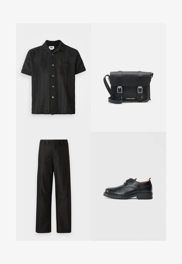 Čierna háčkovaná košeľa s krátkym rukávom a voľným strihom, so zapínaním na gombíky vpredu, s jednou náprsníkovou vreckom a textúrovaným otvoreným vzorom.; Čierne široké nohavice vyrobené z hladkej látky, s plochým predným dielom, pútkami na opasok a dvoma bočnými vreckami. Červený logo značky zdobí stranu.; Čierne kožené derby topánky s hladkým povrchom, zaoblenou špičkou, šnúrkovým zapínaním a hrubou, odolnou gumovou podrážkou.; Čierna kožená crossbody taška s preklopom, dvoma striebornými prackami, žltým prešívaním a nastaviteľným popruhom. Vyznačuje sa hladkou textúrou a kompaktným dizajnom.