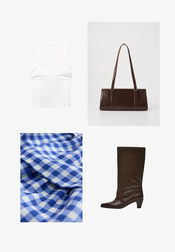 Witte crop top met brede bandjes en een aansluitend lijfje. Gemaakt van een gladde stof, met een schoon, minimalistisch ontwerp en zonder zichtbare sluitingen.; Blauw en wit geblokt stof met een zachte textuur, met kleine vierkanten in afwisselende tinten blauw. Bevat een ruchesrand detail.; Donkerbruin leren laars tot net onder de knie met een lage stapelhak, puntige neus en een lichtslappe schacht op een witte achtergrond.; Bruine lakleren handtas met een rechthoekige vorm, twee lange handvatten en subtiele gebogen accenten aan de voorkant.
