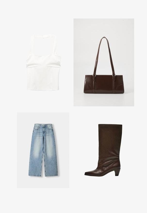 Fehér, rövidített felső széles pántokkal és formázott bodiccal. Simító anyagból készült, ami letisztult, minimális dizájnú, látható rögzítések nélkül.; Világoskék, széles szárú, magas derekú farmernadrág, enyhén kopott hatással, öt zsebbel és egyenes szabással.; Sötétbarna bőr, középmagas csizma alacsony, tölcsér alakú sarokkal, hegyes orral és enyhén lecsúszott szárával fehér háttér előtt.; Barna lakkbőr kézitáska, téglalap alakú, két hosszú fogantyúval és finom ívelt díszítéssel az elején.