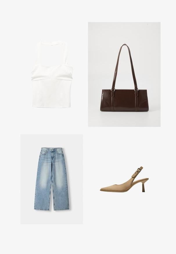 Biele skrátené tričko s širokými ramienkami a priliehajúcim telom. Vyrobené z hladkej tkaniny, s čistým, minimalistickým dizajnom a bez viditeľných zapínaní.; Svetlomodré džínsy s širokými nohavicami a vysokým pásom, so zúženým vzhľadom, piatimi vreckami a rovnými nohavicami.; Béžové slingback lodičky s špicatou špičkou, textúrovaným semišovým materiálom a štíhlým opätkom. Obsahujú nastaviteľný remienok so sponou pre bezpečné uchytenie.; Hnedá lakovaná kožená kabelka s obdĺžnikovým tvarom, dvoma dlhými rúčkami a jemne zakrivenými akcentami na prednej strane.