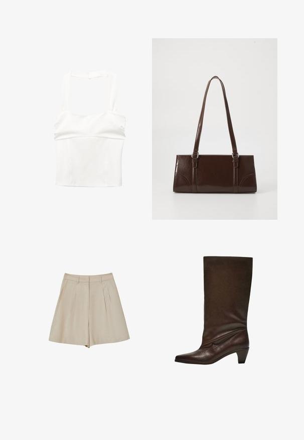 Top bianco corto con spalline larghe e corpino aderente. Realizzato in tessuto morbido, presenta un design pulito e minimalista senza chiusure visibili.; Pantaloni corti beige a vita alta con passanti per cintura, pieghe frontali, tasche laterali e chiusura con zip frontale, realizzati in tessuto leggero.; Stivale in pelle marrone scuro, a metà polpaccio, con tacco basso impilato, punta affusolata e asta leggermente scivolata su uno sfondo bianco.; Borsa in pelle verniciata marrone di forma rettangolare, con due manici lunghi e sottili accenti curvi sul davanti.