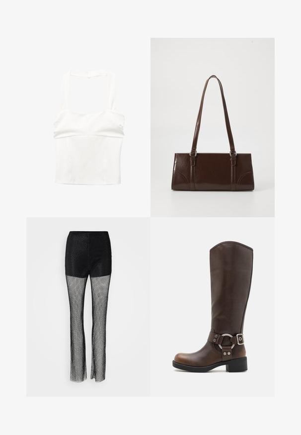 Witte crop top met brede bandjes en een aansluitend lijfje. Gemaakt van een gladde stof, met een schoon, minimalistisch ontwerp en zonder zichtbare sluitingen.; Zwarte visnetbroek met een stevige bovenkant, voorzien van een wijd pootontwerp en een gestructureerde gaasstof door het hele stuk.; Bruine leren kniehoge laars met een rond metalen hardwareaccent en gesp. Licht gestructureerd bovenwerk, gestapelde hak en rond neusontwerp.; Bruine lakleren handtas met een rechthoekige vorm, twee lange handvatten en subtiele gebogen accenten aan de voorkant.
