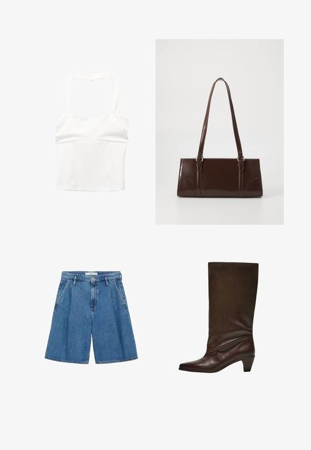 Bijela kratka majica s širokim naramenicama i uskim materijalom. Izrađena od glatkog materijala, s čistim, minimalističkim dizajnom i bez vidljivih kopčanja.; Plave traper kratke hlače s visokim strukom, širokim nogavicama i nabranim prednjim dijelom. Imaju prednje kopčanje na dugme i dva bočna džepa. Glatka tekstura.; Tamnosmeđi kožni čizme do sredine lista s niskim složenim potplatom, šiljastim prstom i malo opuštenim okovratnikom, protiv bijele pozadine.; Smeđa lakirana kožna torba u pravokutnom obliku, s dvije duge ručke i suptilnim zakrivljenim detaljima na prednjoj strani.