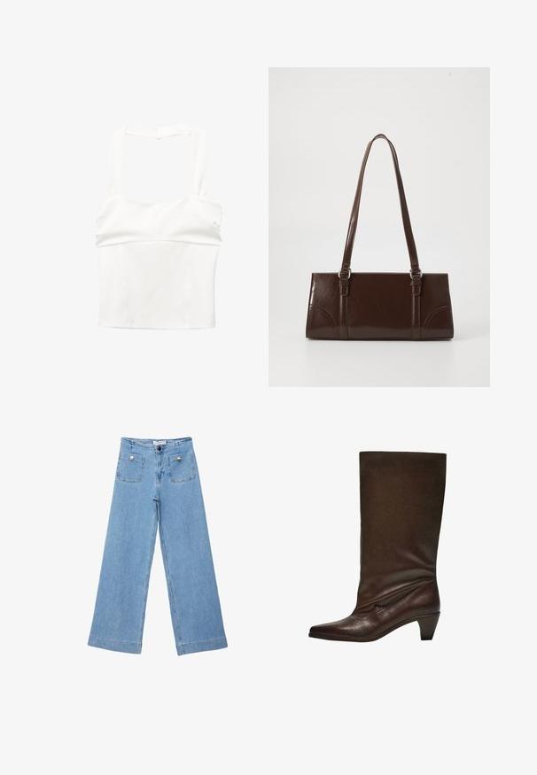 Valkoinen lyhyt toppi leveillä olkaimilla ja tiukalla vartalolla. Valmistettu sileästä kankaasta, ja siinä on siisti, minimalistinen muotoilu ilman näkyviä kiinnityksiä.; Vaaleansinisiä leveälahkeisia farkkuja, joissa on kaksi etutaskua kultaisilla nappeilla, suora leikkaus ja huoliteltu helma.; Ruskean nahkasaapas nilkkamittaisella, teräväkärkisellä, laskostetulla muotoilulla ja kapenevalla kantapäällä. Tasaisen sileä pinta ilman kuvioita tai lisävarusteita.; Ruskea patentoitu nahkalaukku, jossa on suorakaiteen muotoinen malli, kaksi pitkää kantohihnaa ja hienovaraiset kaarevat yksityiskohdat etuosassa.