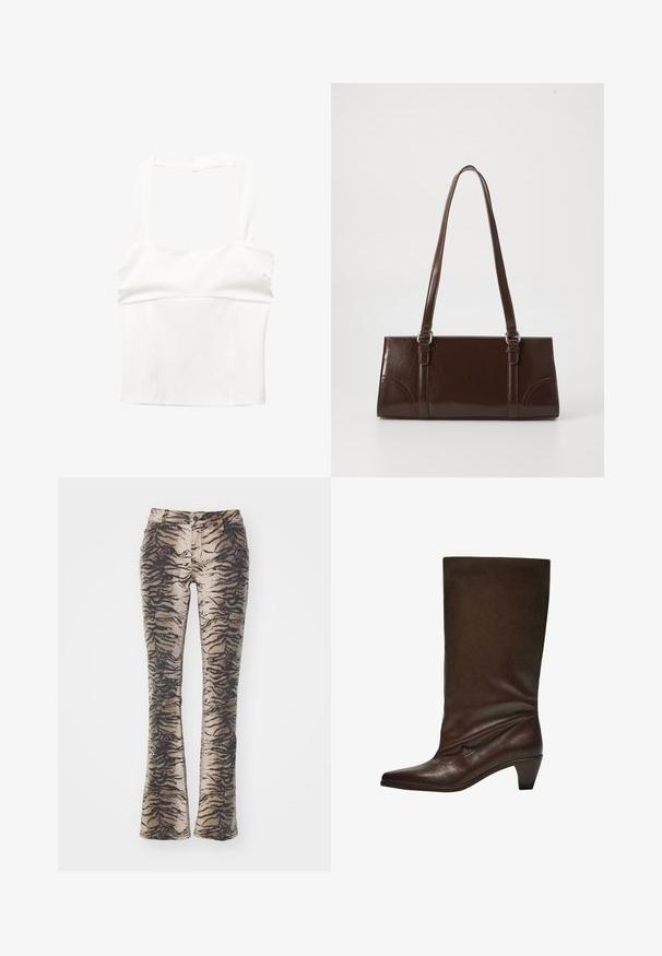 Weißes cropped Top mit breiten Trägern und figurbetontem Oberteil. Hergestellt aus glattem Stoff, mit einem klaren, minimalistischen Design und ohne sichtbare Verschlüsse.; Hüftlange Hosen aus Stoff mit einem beigen und schwarzen Tigerstreifenmuster, ausgestattet mit Fronttaschen und einem Reißverschluss.; Braune Leder-Ankle-Boots mit spitzer Zehenpartie, lockerer Passform und konischem Absatz. Glatte Textur ohne Muster oder zusätzliche Beschläge.; Braune Lackleder-Handtasche in rechteckiger Form, mit zwei langen Griffen und subtilen, geschwungenen Akzenten auf der Vorderseite.