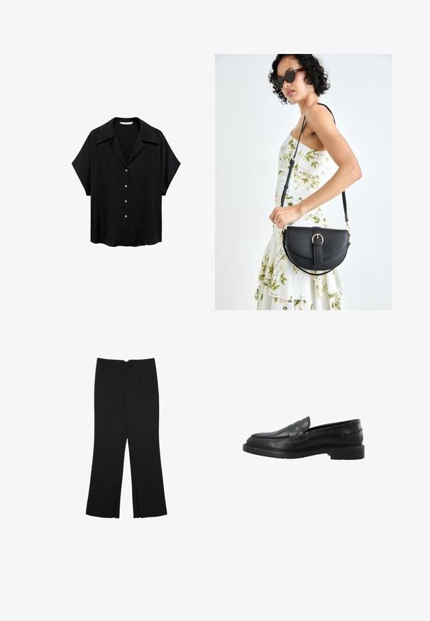 Zwarte kortmouwenshirt van gladde stof met een kraag, voorzien van een knopenrij met zilverkleurige knopen en een ontspannen pasvorm.; Zwarte broek met een rechte pasvorm, voorzien van zijzakken en plooien aan de onderzijde. Gemaakt van zachte, gladde stof. Geschikt voor verschillende gelegenheden.; Zwarte leren instapper met een ronde neus, voorstripdetail en platte rubberen zool. Glad oppervlak met minimale stikselaccenten.; Zwarte leren handtas met een gebogen vorm, afneembare schouderband en gouden hardware. De tas heeft een klep met een gespsluiting.
