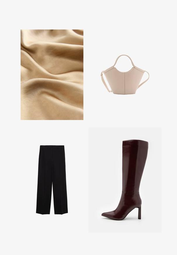 Satinstoff in einem warmen, hellbeigen Farbton, mit einer glatten, glänzenden Oberfläche und subtilen Falten und Kurven.; Schwarze weit geschnittene Hosen aus glattem Stoff, mit Falten an der Vorderseite und seitlichen Taschen, entworfen in einem geraden, lässigen Schnitt.; Even&Odd Stiefel - dark red; Beige Lederhandtasche mit einer einzigartigen Form, die zwei kurze Henkel und einen langen verstellbaren Riemen aufweist. Glatte Textur mit minimalen Hardware-Elementen.