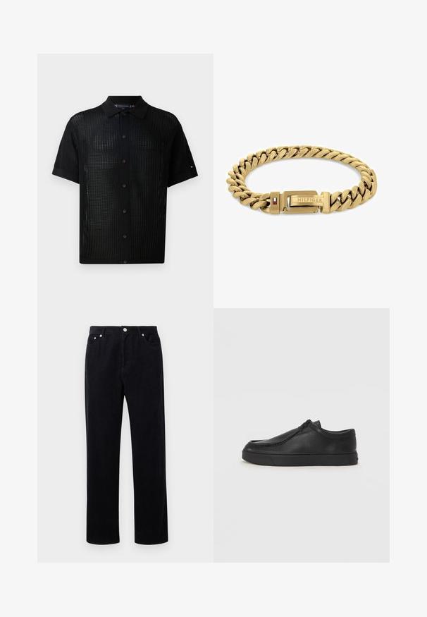 Maglietta nera a maniche corte con un design in rete traspirante, dotata di colletto e bottoni marroni lungo la parte frontale, con dettagli in tessuto solido.; Pantaloni in corduroy neri con design a gamba dritta, caratterizzati da una chiusura con bottone e zip, cinque tasche e un tessuto morbido e testurizzato.; Scarpa slip-on in pelle nera con punta arrotondata, dettagli cuciti e suola in gomma nera. Texture liscia con design minimalista.; Bracciale in tono oro con maglie intrecciate, dotato di chiusura con il logo "HILFIGER" e un accento rosso e blu. Finitura liscia e lucida.