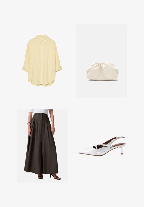 Světle žlutá košile na knoflíky vyrobená z měkké tkaniny. Obsahuje klasický límec, ohrnuté rukávy a volný střih s zakřiveným spodním lemem.; Hnědá, plisovaná, dlouhá sukně vyrobená z lehké tkaniny; má vysoký pás a postranní švy kapsy; v kombinaci s černými sandály na podpatku.; Bílé lakované kožené lodičky se špičatou špičkou, štíhlým podpatkem, křížovými pásky a decentním detailem přezky. Hladký, lesklý povrch.; Krémová, měkká taška z umělé kůže s nabráním, nastavitelným popruhem a nenápadným stahováním. Hladký povrch a zakulacený tvar.