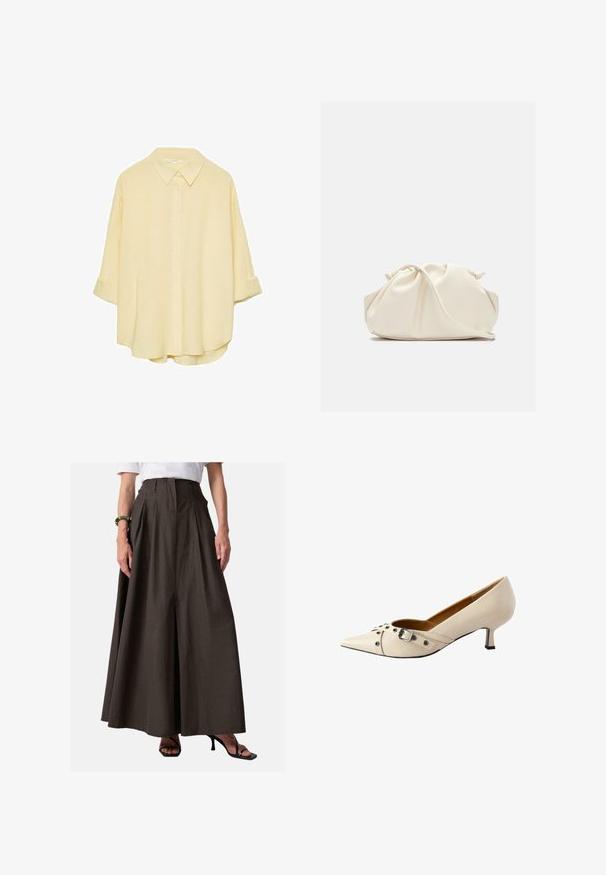 Světle žlutá košile na knoflíky vyrobená z měkké tkaniny. Obsahuje klasický límec, ohrnuté rukávy a volný střih s zakřiveným spodním lemem.; Hnědá, plisovaná, dlouhá sukně vyrobená z lehké tkaniny; má vysoký pás a postranní švy kapsy; v kombinaci s černými sandály na podpatku.; Béžový kožený lodičkový bot s špičatou špičkou, ozdobený páskem s sponou a stříbrnými hroty, a s malým podpatkem.; Krémová, měkká taška z umělé kůže s nabráním, nastavitelným popruhem a nenápadným stahováním. Hladký povrch a zakulacený tvar.