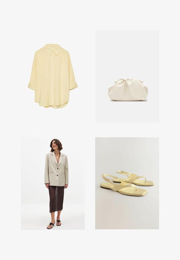 Svetlo žltá košeľa s gombíkmi vyrobená z jemného materiálu. Má klasický golier, rolované rukávy a uvoľnený strih so zakriveným lemom.; Béžový oversize blejzer s klopovým golierom a dvoma gombíkmi, spárovaný s priesvitnou hnedou midi sukňou a hnedými šľapkami.; Žlté ploché sandále s textúrovaným vrchom z umelej kože, dizajn s prstovým pásikom a členkovým remienkom s malou prackou. Štvorecový tvar špičky, minimalistický štýl.; Krémová, mäkká taška z umelého kože s nariaseným dizajnom, nastaviteľným popruhom a jemným šnurovaním. Hladký povrch a zaoblený tvar.