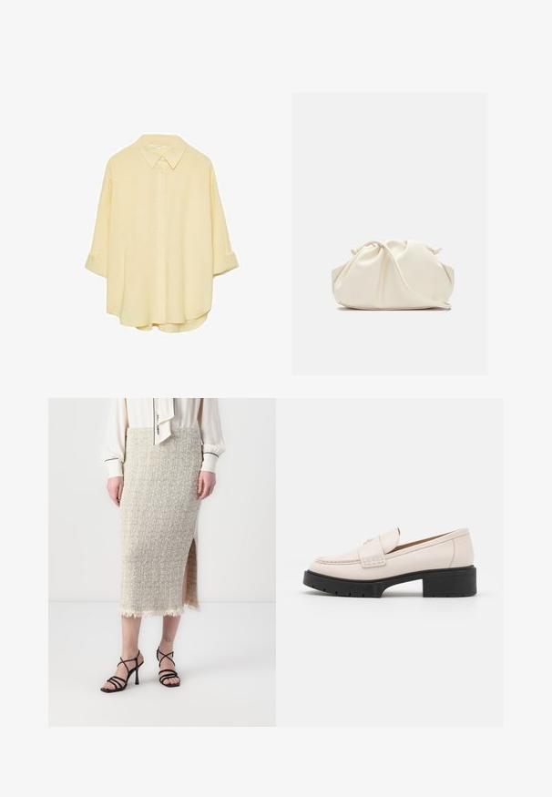Chemise jaune pâle à manches longues, en tissu doux. Elle présente un col classique, des manches à rouleaux et une coupe décontractée avec un ourlet incurvé.; Jupe tricotée texturée beige avec une fente sur le côté et un ourlet effiloché. Associée à des sandales à talons hauts noires à lanières. Présentée sous une blouse blanche.; Mocassins en cuir beige clair avec un devant cousu et un talon platform texturé noir. Présente un design incurvé et une légère élévation.; Sac en cuir synthétique de couleur crème, doux, avec un design froncé, une bandoulière adjustable et une fermeture à cordon subtile. Texture lisse et forme arrondie.