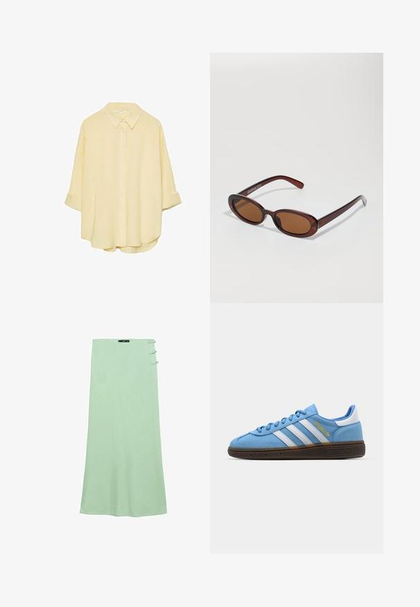 Helles gelbes, knöpfbares Hemd aus weichem Stoff. Verfügt über einen klassischen Kragen, aufgerollte Ärmel und eine lockere Passform mit abgerundetem Saum.; Hellgrüner Maxikleid aus glattem Stoff. Hat einen geraden Schnitt und drei dekorative Knöpfe auf der linken Seite.; Helles blaues Wildleder-Sneaker mit weißen Lederstreifen, einer braunen strukturierten Sohle und goldenen Logodetails. Niedrig geschnittenes Design mit runder Zehenpartie.; Runde, braun getönte Sonnenbrillen mit einem glänzenden burgunderfarbenen Rahmen. Schlanke Bügel mit dezentem Branding. Flaches Linsendesign.; Gelbe, gefaltete Handtasche aus glattem Kunstleder mit weicher Form, einzigem Schulterriemen und gerafftem Oberteil.