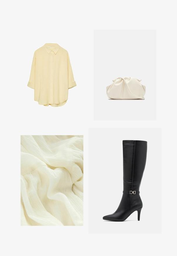 Jasnożółta, zapinana na guziki koszula z miękkiego materiału. Posiada klasyczny kołnierzyk, podwinięte rękawy oraz luźny krój z zaokrąglonym dołem.; Pomarszczona biała tkanina o miękkiej, przezroczystej fakturze. Materiał ma lekką, zwiewną aparycję z subtelnymi różnicami w odcieniu.; Czarne skórzane botki do kolan z ostrym noskiem, wysokim obcasem i srebrną klamrą na pasku wokół kostki. Gładka tekstura i elegancki design.; Kremowa, miękka torba z sztucznej skóry o marszczonym wzorze, z regulowanym paskiem i subtelnym zapięciem na sznurek. Gładka faktura i zaokrąglony kształt.