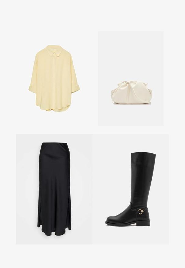 Svetlo rumena, srajca na gumbe iz mehkega materiala. Ima klasičen ovratnik, zavihane rokave in sproščen kroj s ukrivljenim robom.; ONLY ONLGABBY MIDI SKIRT - Dolgo krilo - black; Anna Field Wide Fit Škornji - black; Krema barve, mehka torba iz umetnega usnja z nabranim dizajnom, nastavljivim ročajem in diskretnim zapiranjem na vrvico. Gladka tekstura in zaobljena oblika.