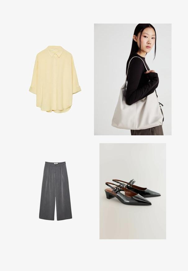 Lysegul, knappet skjorte lavet af blødt stof. Har en klassisk krave, opkrøllede ærmer og en afslappet pasform med en buet kant.; Plisserede vide bukser i en mørkegrå stof med en subtil tekstur. Har en knaplukning og et klassisk talje-design.; Sorte patentlæder slingback sko med spids tå, mellem høj hæl og dekorative spænde remme. Glat tekstur med slankt design.; Beige håndtaske lavet af blødt materiale med et slouchy design, stikninger og to skulderremme. Velegnet til daglig brug.