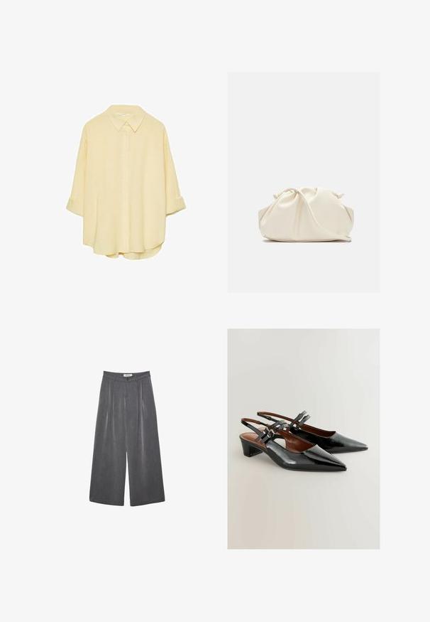 Svijetložuta, košulja s dugim rukavima od mekanog materijala. Ima klasičnu kragnu, podvrnute rukave i opušteni kroj s zakrivljenim donjim rubom.; Dugi hlače širokog kroja s plitkim naborima u tamnosivoj tkanini s suptilnom teksturom. Sadrže zatvaranje na gumba i klasičan dizajn struka.; Crne lakirane cipele s remenom oko pete, sa šiljastim vrhom, srednjim potplatom i dekorativnim kopčama. Glatka tekstura s elegantnim dizajnom.; Torba od mekanog umjetnog kože krem boje s nabranim dizajnom, podesivim remenom i suptilnim zatvaranjem uzicom. Glatka tekstura i zaobljen oblik.