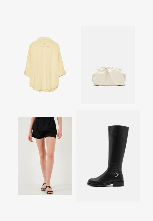 Světle žlutá košile na knoflíky vyrobená z měkké tkaniny. Obsahuje klasický límec, ohrnuté rukávy a volný střih s zakřiveným spodním lemem.; Černé lněné šortky s upraveným střihem, se štíhlými záhyby vpředu a jedním knoflíkem. Spárovány s černými nazouvacími sandály.; Anna Field Wide Fit Vysoká obuv - black; Krémová, měkká taška z umělé kůže s nabráním, nastavitelným popruhem a nenápadným stahováním. Hladký povrch a zakulacený tvar.