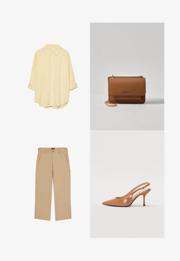 Lichtgele, knoopdoorlopende shirt gemaakt van zacht materiaal. Heeft een klassieke kraag, opgerolde mouwen en een ontspannen pasvorm met een gebogen zoom.; Beige cargobroek met een reguliere pasvorm, voorzien van zijzakken en een knoopsluiting. Gemaakt van lichtgewicht stof, wat veelzijdigheid en comfort biedt.; Puntige slingback hak in een glad, glanzend beige materiaal. Bevat een gebogen uitsnijdontwerp en een slanke stiletto hak. Zilveren gesp detail.; Bruine lederen schoudertas met textuur, voorzien van een gouden kettingstrap en klepsluiting. De voorkant heeft een logo-detail en een zak onder de klep.; Gouden metalen ketting met onregelmatig gevormde, geprofileerde schakels en een Y-vormige hanger, versterkt door een centraal hanger die lijkt op gelaagde munten.