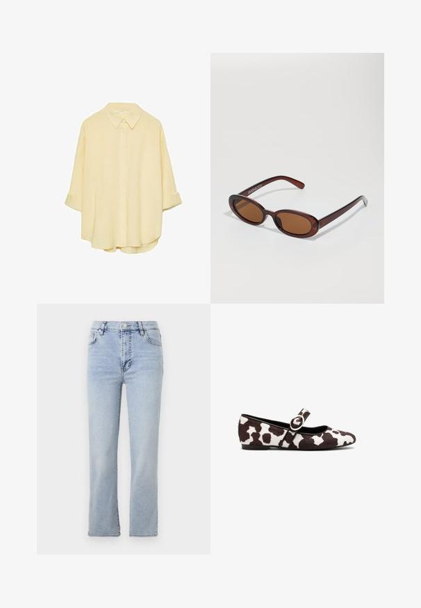 Camicia button-up di un delicato giallo chiaro, realizzata in tessuto morbido. Presenta un colletto classico, maniche arrotolate e una vestibilità ampia con un orlo curvo.; Jeans in denim azzurro chiaro con design a gamba dritta, cinque tasche, chiusura con bottone e cerniera, e dettagli di cucitura visibili.; Ballerina bianca e marrone con stampa maculata, caratterizzata da punta tonda e un cinturino con dettaglio di fibbia circolare. Suola piatta.; Occhiali da sole rotondi con tonalità marrone, montatura lucida color bordeaux. Aste sottili con un sottile dettaglio del marchio. Design delle lenti piatte.