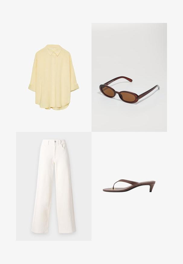 Svetlo rumena, srajca na gumbe iz mehkega materiala. Ima klasičen ovratnik, zavihane rokave in sproščen kroj s ukrivljenim robom.; Široki traper hlače iz off-white denima, z zgornjim gumbom za zapiranje, dvema stranskima žepoma in čistimi linijami brez okraskov.; Rjava natikača na peto s tankim trakom in zaobljenim prstom, ki ima majhen zlat poudarek na podplatu.; Okrogle, rjavo obarvane sončne naočare z sijočim burgundskim okvirjem. Tanek nosilec s subtilnim logotipom. Oblika leč je ravna.; Bela pravokotna torbica za ključe iz sijajnega materiala, opremljena s srebrno verižico. Model pozira in prikazuje torbico na enobarvni podlagi.