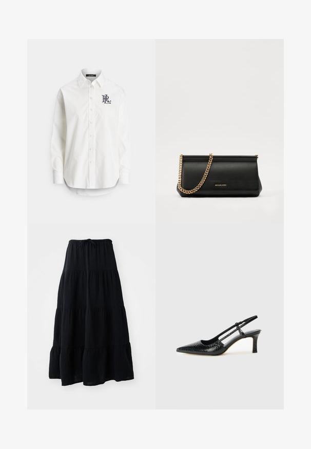 White button-up shirt in cotton with long sleeves, pointed collar, and a navy logo embroidered on the left chest. Rounded hem at the bottom.; Black tiered skirt made of lightweight fabric, featuring an elastic waistband with a drawstring, and a flowing, textured design.; Black patent slingback heel with a pointed toe, featuring textured snake print, adjustable strap, and a short, textured block heel.; Black leather clutch bag with a gold chain strap, featuring a smooth texture, rectangular shape, and embossed branding on the front.