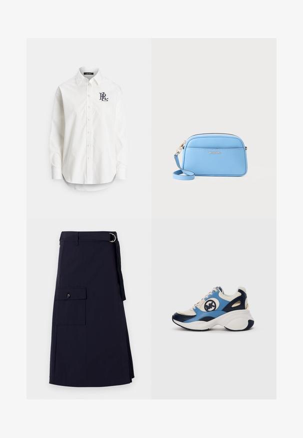 Chemise blanche en coton à boutons avec manches longues, col pointu, et un logo marine brodé sur la poitrine gauche. Ourlet arrondi en bas.; Jupe bleu marine au design structuré, dotée d'une poche cargo sur le côté et d'un accent de ceinture en métal en forme de D. Fabriquée en tissu durable.; Baskets en daim blanches, bleu marine et bleu clair avec une semelle épaisse et un logo brodé circulaire sur le côté.; Sac en cuir bleu clair porté travers avec des accessoires en métal doré, fermeture éclair et une poche avant. Il dispose d'une bandoulière réglable pour plus de commodité.