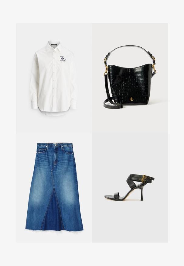 Bílá bavlněná košile s dlouhými rukávy, špičatým límečkem a námořnicky modrým logem vyšitým na levé straně hrudi. Zaoblený spodní lem.; FRAME THE DOROTHY SKIRT - Denimová sukně -
dark-blue denim; Černé sandály na podpatku s kříženými popruhy a nastavitelnou sponou. Mají hladký povrch a špičatý stiletto podpatek.; Černá kožená taška s krokodýlím vzorem, zakřiveného tvaru, se zlatými kovovými akcenty, nastavitelným popruhem a logem na přední straně.