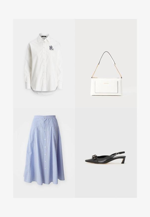 Fehér gombos pamut ing hosszú ujjakkal, hegyes gallérral és bal oldali mellrészen hímzett tengerészkék logóval. Lekerekített alsó szegély.; Csíkos gombos szoknya világoskék és fehér színben. Az anyag könnyűnek tűnik, sima textúrával; térd alá érő, bővülő szabású.; Fekete bőr szandál kis sarkú, hegyes orral, díszes csattal a felsőrészen. Simább textúra, minimalista design.; Fehér bőr kézitáska, texturált felülettel, arany lánccal és fekete részletekkel. Elülső zsebbel és cipzáros zárással rendelkezik.