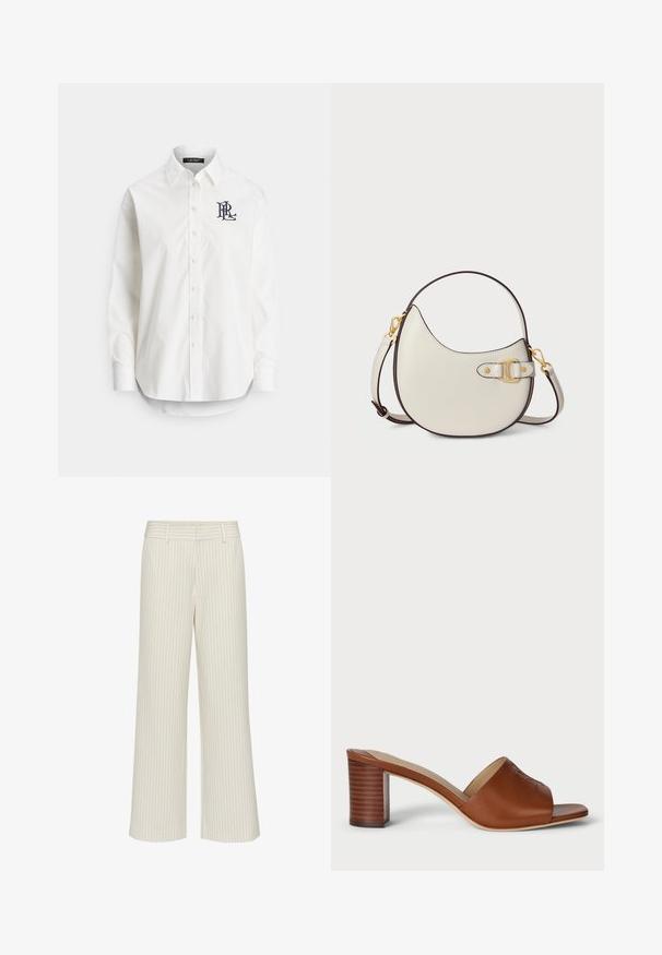 Biała koszula zapinana na guziki, wykonana z bawełny, z długimi rękawami, szpiczastym kołnierzykiem oraz granatowym logo wyhaftowanym na lewej piersi. Zaokrąglony dół.; Spodnie o szerokich nogawkach w kremowym kolorze z delikatnymi pionowymi paskami, z płaskim pasem i pętelkami na pasek. Gładka tekstura bez kieszeni.; Brązowe skórzane mule na obcasie z szerokim otwartym palcem, zaokrągloną cholewką i podestem w kształcie walca z poziomymi liniami.; Kremowa skórzana torebka o zaokrąglonym kształcie z brązowymi wykończeniami. Posiada złoty zamek oraz regulowany pasek, co umożliwia różne opcje noszenia.
