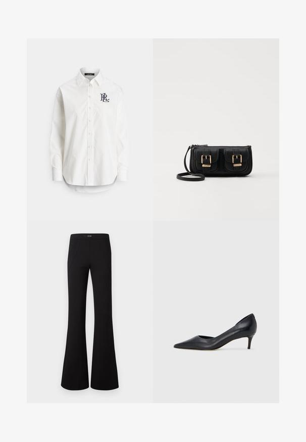 Bijela košulja na kopčanje od pamuka s dugim rukavima, špicastim ovratnikom i mornarskim logotipom izvezenim na lijevoj strani prsnog dijela. Zaobljeni rub na dnu.; Crne široke hlače od glatkog materijala, s visokim strukom i dva prednja džepa, uz dodatne suptilne bočne šavove koji dodaju detalj.; Crna kožna cipela s vrhom u špic i niskom petom. Ima glatku teksturu i suptilan sjaj. Prednji dio je otvoren za dodatni detalj.; Crna kožna torba preko ramena s dva prednja džepa, zlatnim kopčama, zatvaranjem na zip i uskim remenom. Teksturirana površina i kompaktan pravokutan oblik.