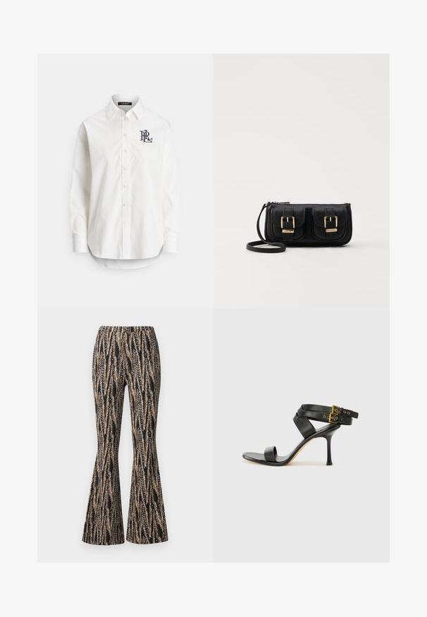 Cămașă albă cu nasturi din bumbac, cu mâneci lungi, guler ascuțit și un logo bleumarin brodat pe pieptul stâng. Tiv rotunjit în partea de jos.; Diane von Furstenberg BURANO PANTS - Pantaloni - black; Sandalie negre cu toc, cu curele încrucișate și cataramă ajustabilă. Prezintă o textură netedă și un toc stiletto conic.; Geantă neagră din piele, tip crossbody, cu două buzunare frontale, catarame aurii, închidere cu fermoar și o curea subțire. Suprafață texturată și formă rectangulară compactă.