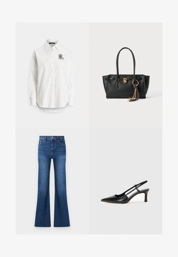 Hvit bomullsskjorte med knapper, lange ermer, spiss krage, og en marineblå logo brodert på venstre bryst. Rundet kant nederst.; Blå high-waist denimjeans med knappelukking, frontlommer og lett utsvingte vide ben mot hvit bakgrunn.; Sorte patent slingback hæl med spids tå, featuring tekstureret slangeskind, justerbar rem og en kort, tekstureret blokhæl.; Svart lærveske med doble håndtak, gulllås og kjededetalj, samt svart-hvite duskdekorasjoner mot hvit bakgrunn.