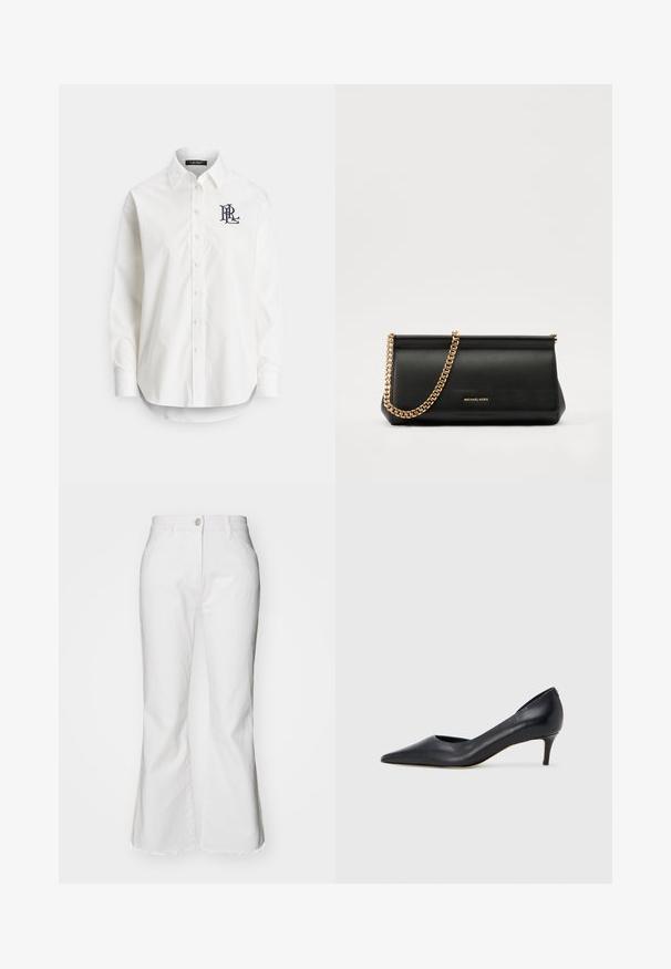 White button-up shirt in cotton with long sleeves, pointed collar, and a navy logo embroidered on the left chest. Rounded hem at the bottom.; White flared jeans made of denim with a raw hem. Features a button closure and front pockets. Classic design with a modern cut.; Black leather pump with a pointed toe and low heel. Features a smooth texture and subtle sheen. Open cut at the front for added detail.; Black leather clutch bag with a gold chain strap, featuring a smooth texture, rectangular shape, and embossed branding on the front.