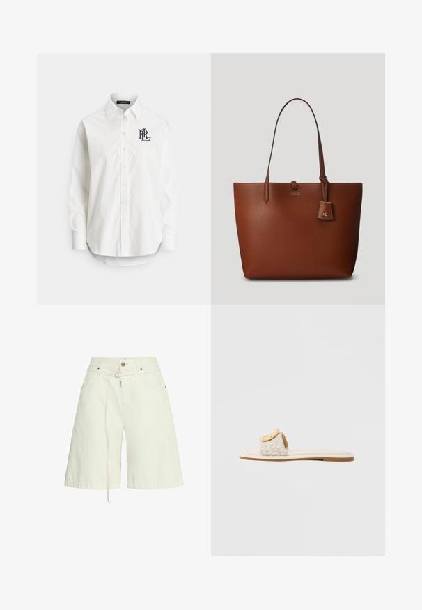 Chemise blanche en coton à boutons avec manches longues, col pointu, et un logo marine brodé sur la poitrine gauche. Ourlet arrondi en bas.; Shorts en denim beige clair avec une coupe décontractée, passants de ceinture, poches avant et un cordon de serrage à la taille. Texture lisse.; Sandale à enfiler avec une bride beige ornée d'un motif géométrique, un accent arrondi jaune sur la partie supérieure, et une semelle plate et claire.; Sac fourre-tout en cuir brun avec une texture granuleuse, deux poignées, une petite étiquette attachée et un logo discret sur le devant. Texture lisse avec une forme structurée.