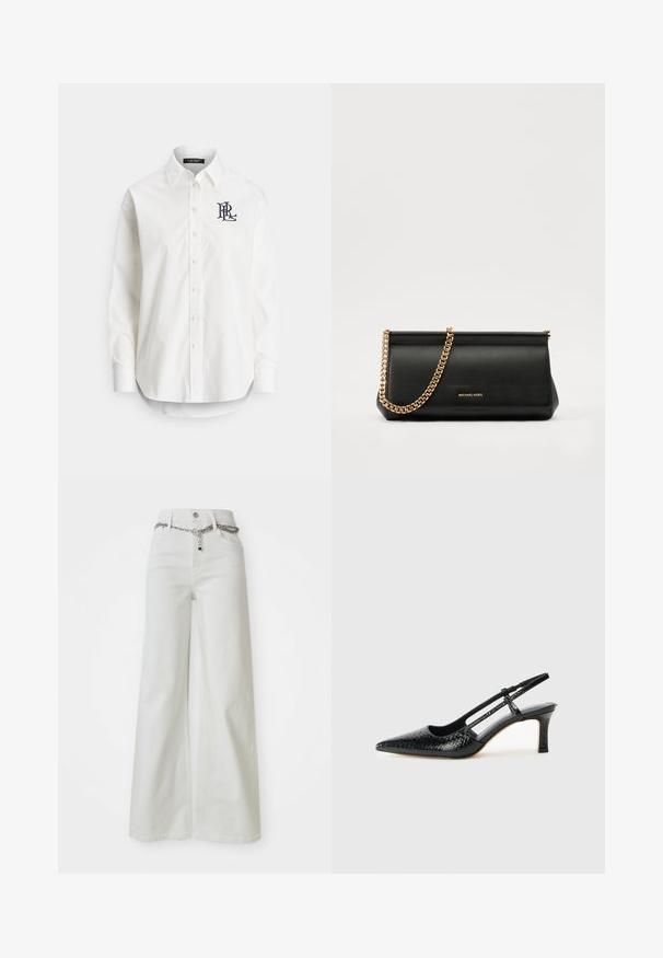 Biela bavlnená košeľa na zapínanie s dlhými rukávmi, špicatým golierom a námorníckym logom vyšitým na ľavej strane hrude. Zaoblený spodný okraj.; Biele riflové nohavice s širokými nohavicami a vysokým pásom, so reťazovým detailom pozdĺž pásu a klasickým dizajnom s piatimi vreckami.; Čierne patentové slingback topánky na ihlovom podpätku s špicatou špičkou, s textúrovaným hadím vzorom, nastaviteľným popruhom a krátkym, textúrovaným blokovým podpätkom.; Čierna kožená kabelka s retiazkou zo zlata, so hladkou textúrou, obdĺžnikovým tvarom a embosovaným logom na prednej strane.