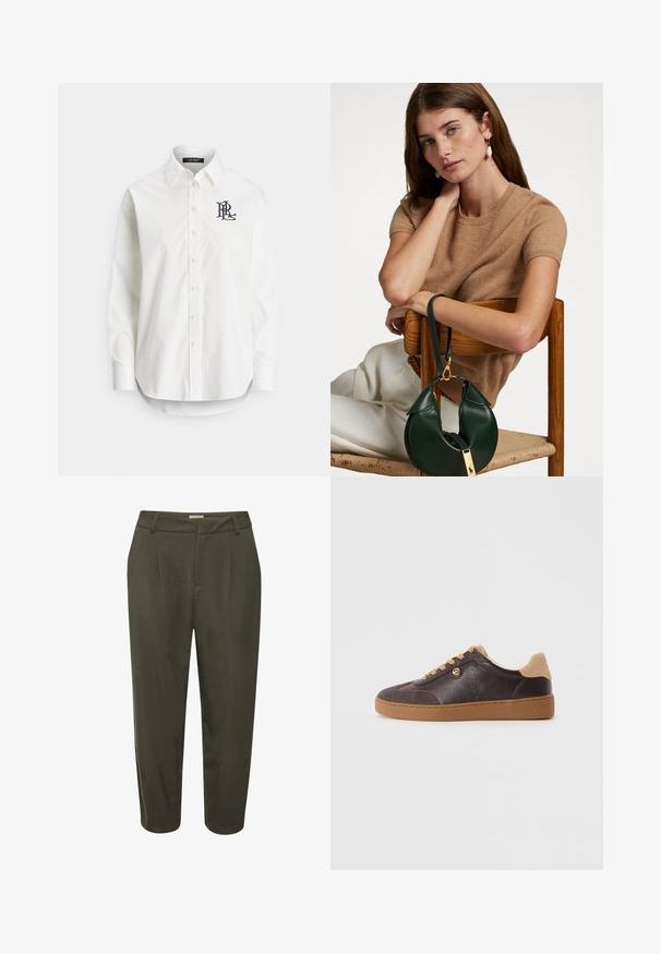 White button-up shirt in cotton with long sleeves, pointed collar, and a navy logo embroidered on the left chest. Rounded hem at the bottom.; Dark green, tailored trousers with pleats, a fitted waistband, and a cropped length. Made from a smooth fabric with a subtle sheen.; Dark brown leather and suede sneaker with tan laces and sole, gold logo accent, and "Michael Kors" embossed on the sole.; Brown short-sleeve sweater paired with a green leather bag featuring a curved design and gold hardware detail, sitting on a wooden chair.