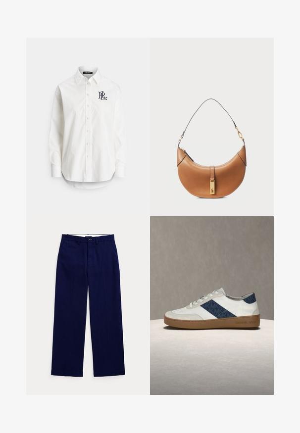 Bela bombažna srajca z dolgimi rokavi, koničastim ovratnikom in mornarsko modrim logotipom izvezenim na levi strani prsnega koša. Zaobljen spodnji rob.; Temno modri hlače ravnega kroja z zankami za pas, gumbom za zapiranje in stranskimi žepi na enobarvnem svetlem ozadju.; Superge Michael Kors, bele in mornarice usnje z žametnimi poudarki, ravna rjava gumijasta podplata, z vzorcem logotipa na strani in z zavezovanjem za vezalke.; Torbica iz rjavega usnja s ukrivljeno obliko, z zlatimi dodatki in tankim naramnim trakom. Ima zadrgo za zapiranje in detajl logotipa na sprednji strani.