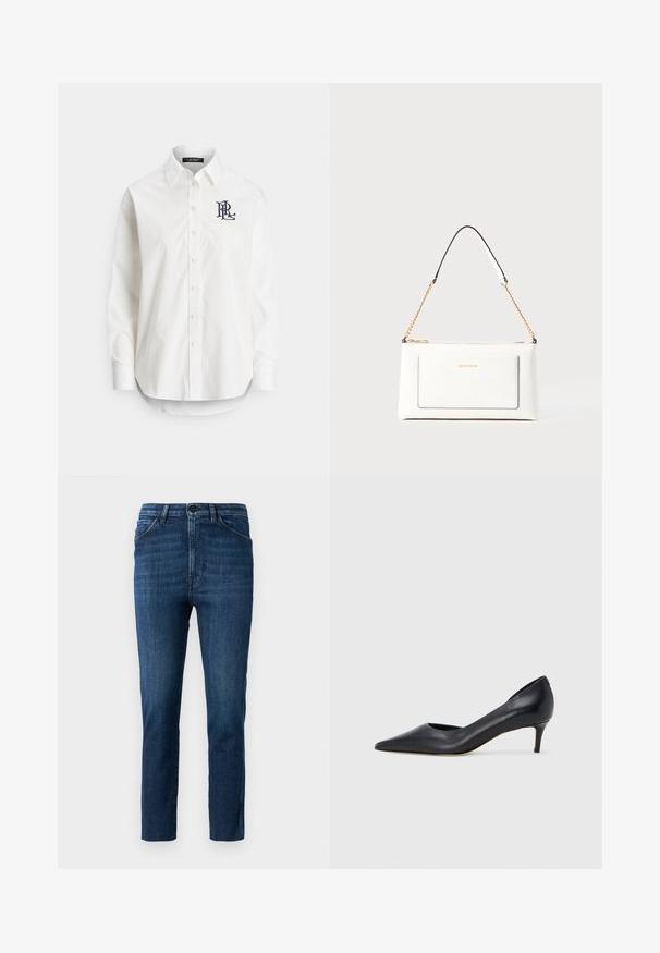 Camisa branca de botões em algodão com mangas compridas, gola pontiaguda e um logótipo azul-marinho bordado no peito esquerdo. Bainha arredondada na parte inferior.; Jeans slim fit azuis com design clássico de cinco bolsos e fecho de botão, apresentando um desbotamento subtil e um corte reto limpo.; Sapato de salto alto preto em pele com bico fino e salto baixo. Apresenta uma textura suave e brilho subtil. Corte aberto na parte da frente para um detalhe adicional.; Bolsa de mão branca em couro com acabamento texturizado, featuring a corrente dourada e detalhes pretos. Inclui um bolso frontal e fecho com zipper.