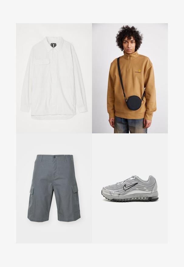 Fehér gombos ing, amely textúrált anyagból készült, gallérral, két elülső zsebbel és ívelt hem tettel, amely hátul kicsit hosszabb.; Fehér sportmelltartó sima anyagból, versenypályás dizájnnal és szürke elasztikus pánttal, amelyen fekete Carhartt logó található. Kicsi méret.; Carhartt WIP REGULAR CARGO COLUMBIA - Rövidnadrágok - graphite; Szürke Nike Air Max sportcipők, hálós és szintetikus felsőrész, hullám alakú dizájn, fekete kiegészítők és látható légpárnás talp.; Barna negyedzipzáras polárpulóver hímzett logóval, amelyet egy fekete, cipzáras, logós részlettel ellátott keresztpántos táska alatt viselnek farmernadrág felett.